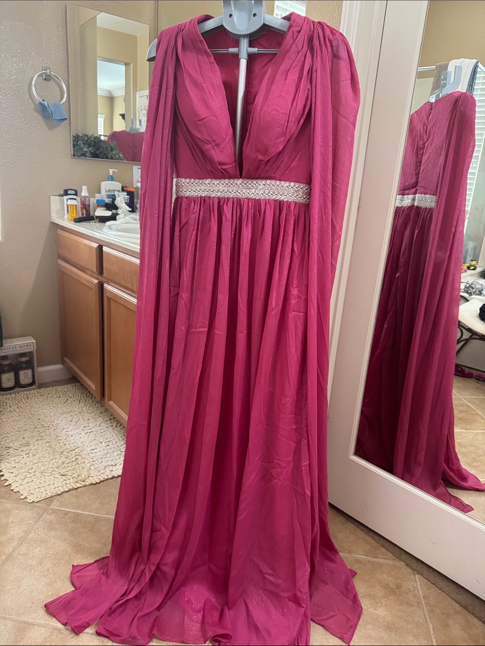 Elegant Fuchsia Evening Gown with Beaded Waist